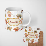 Personalized Custom Name Cute Farm Barn Scarecrow Sunflower Flowers Seamless Pattern Name 11oz Ceramic Coffee Tea Mug White Large Handle