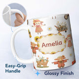 Personalized Custom Name Cute Farm Barn Scarecrow Sunflower Flowers Seamless Pattern Name 11oz Ceramic Coffee Tea Mug White Large Handle