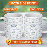 Personalized Custom Name Blue Hydrangea Stripe Bow Floral Seamless Pattern Cute Unique Gift 11oz Ceramic Coffee Tea Mug White Large Handle