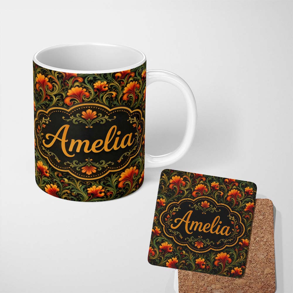 Personalized Custom Name Elegant Vintage Floral Orange Green Classic Seamless Pattern Name 11oz Ceramic Coffee Tea Mug White Large Handle