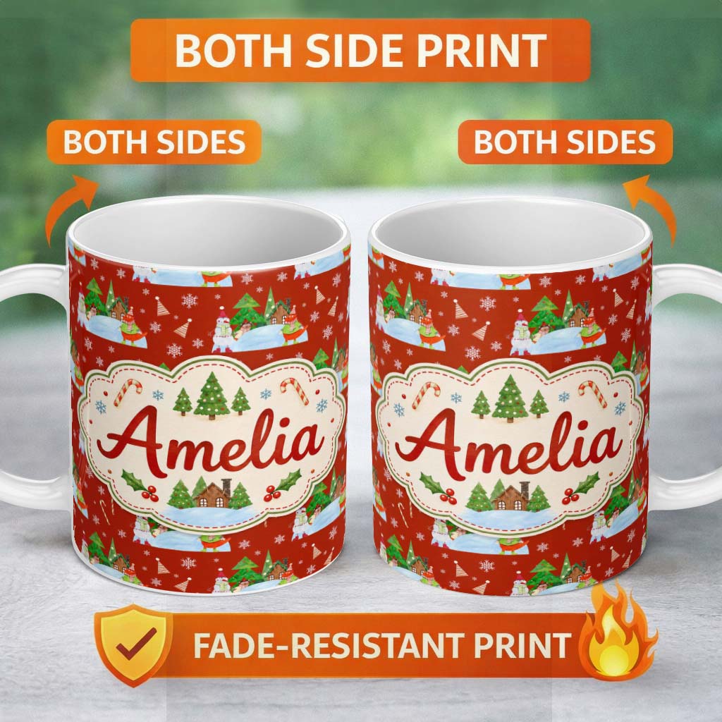 Personalized Custom Name Cute Winter Snowman Bird Christmas Scene Red Seamless Pattern Lovely 11oz Ceramic Coffee Tea Mug White Large Handle