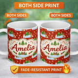 Personalized Custom Name Cute Winter Snowman Bird Christmas Scene Red Seamless Pattern Lovely 11oz Ceramic Coffee Tea Mug White Large Handle