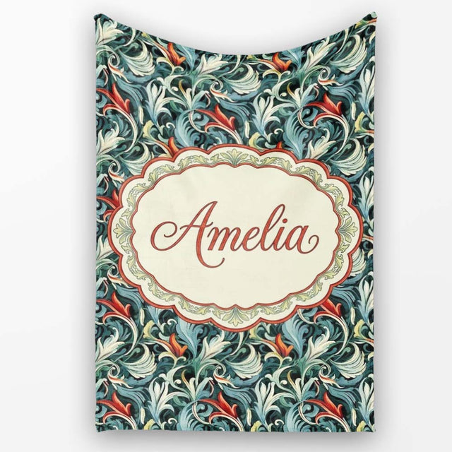 Elegant Vintage Floral Blue Cream Ornate Seamless Pattern Custom  Personalised Custom Name Super Soft Fleece Blanket Bed Sofa Throw