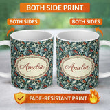 Personalized Custom Name Elegant Vintage Floral Blue Cream Ornate Seamless Pattern Custom 11oz Ceramic Coffee Tea Mug White Large Handle
