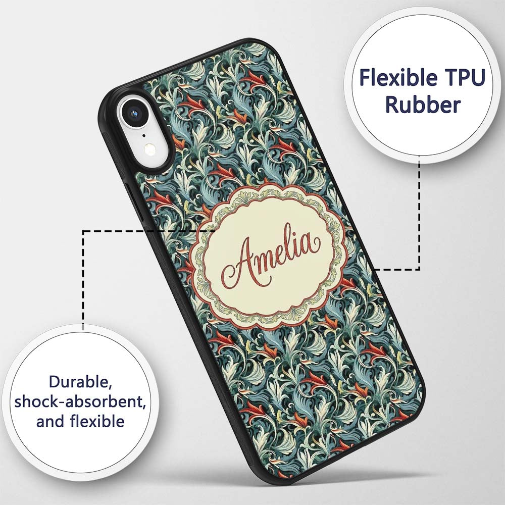 Elegant Vintage Floral Blue Cream Ornate Seamless Custom Name Protective Phone Case Mobile Cover Durable Everyday Smartphone Shock Resistant