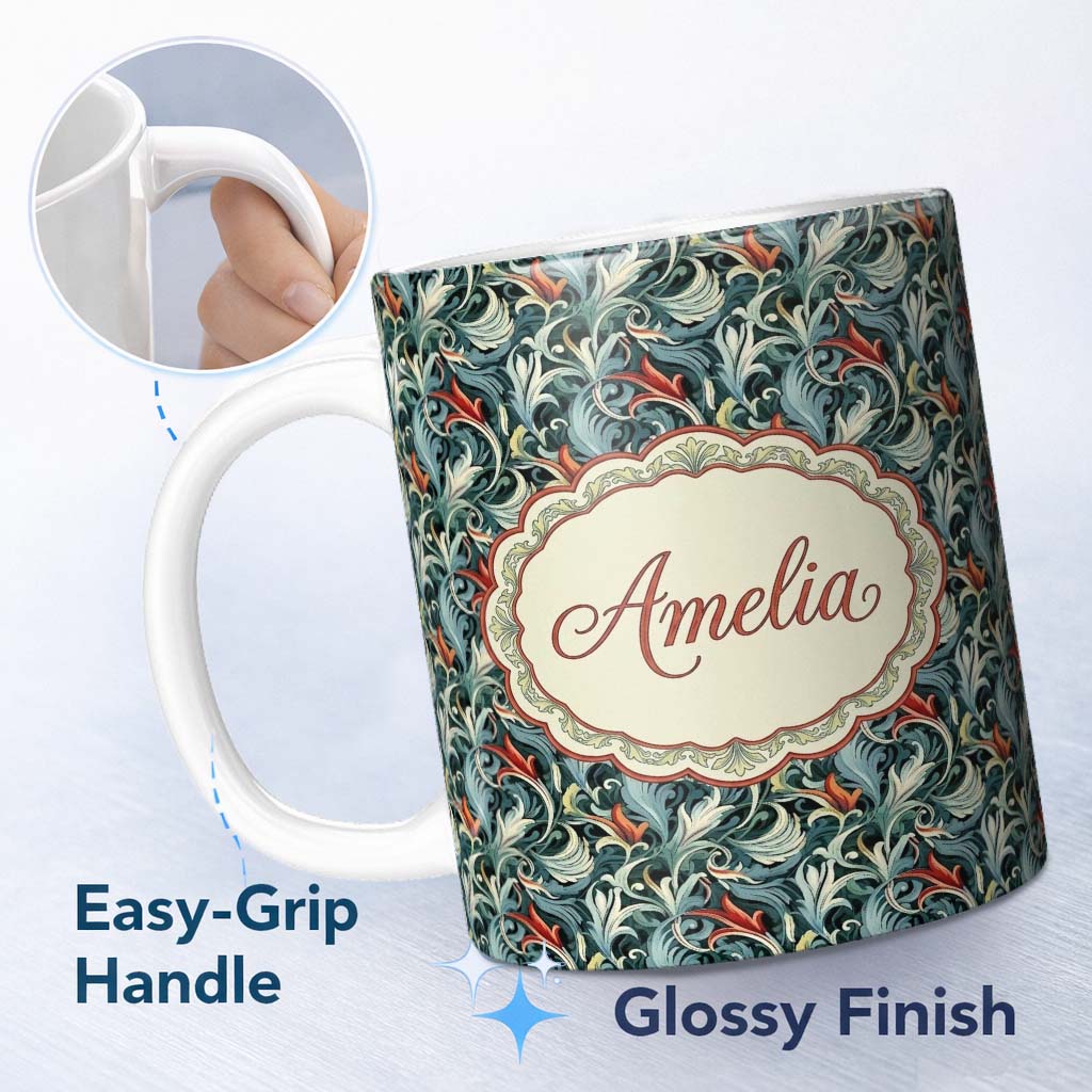 Personalized Custom Name Elegant Vintage Floral Blue Cream Ornate Seamless Pattern Custom 11oz Ceramic Coffee Tea Mug White Large Handle