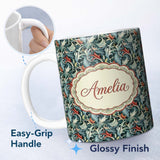 Personalized Custom Name Elegant Vintage Floral Blue Cream Ornate Seamless Pattern Custom 11oz Ceramic Coffee Tea Mug White Large Handle