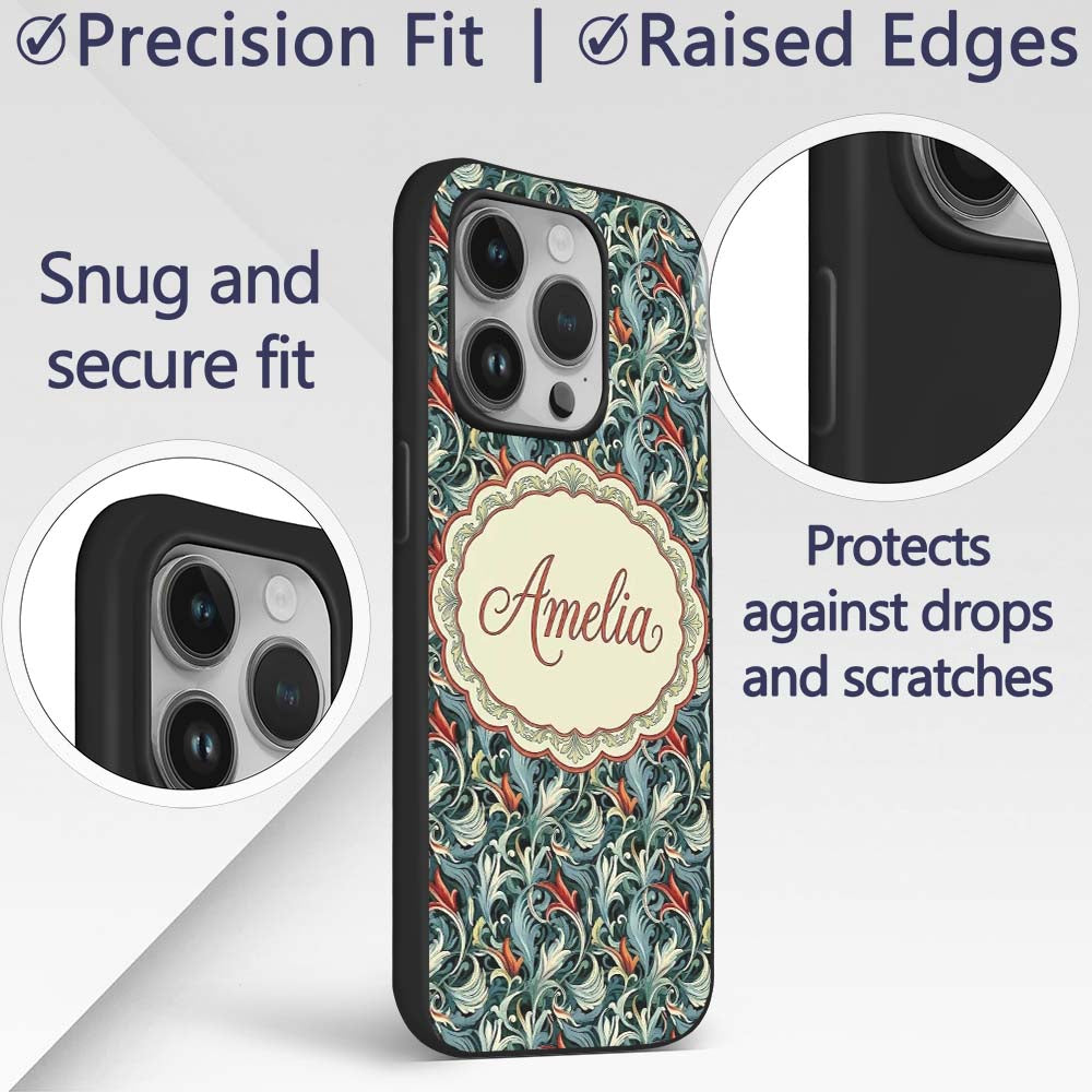 Elegant Vintage Floral Blue Cream Ornate Seamless Custom Name Protective Phone Case Mobile Cover Durable Everyday Smartphone Shock Resistant
