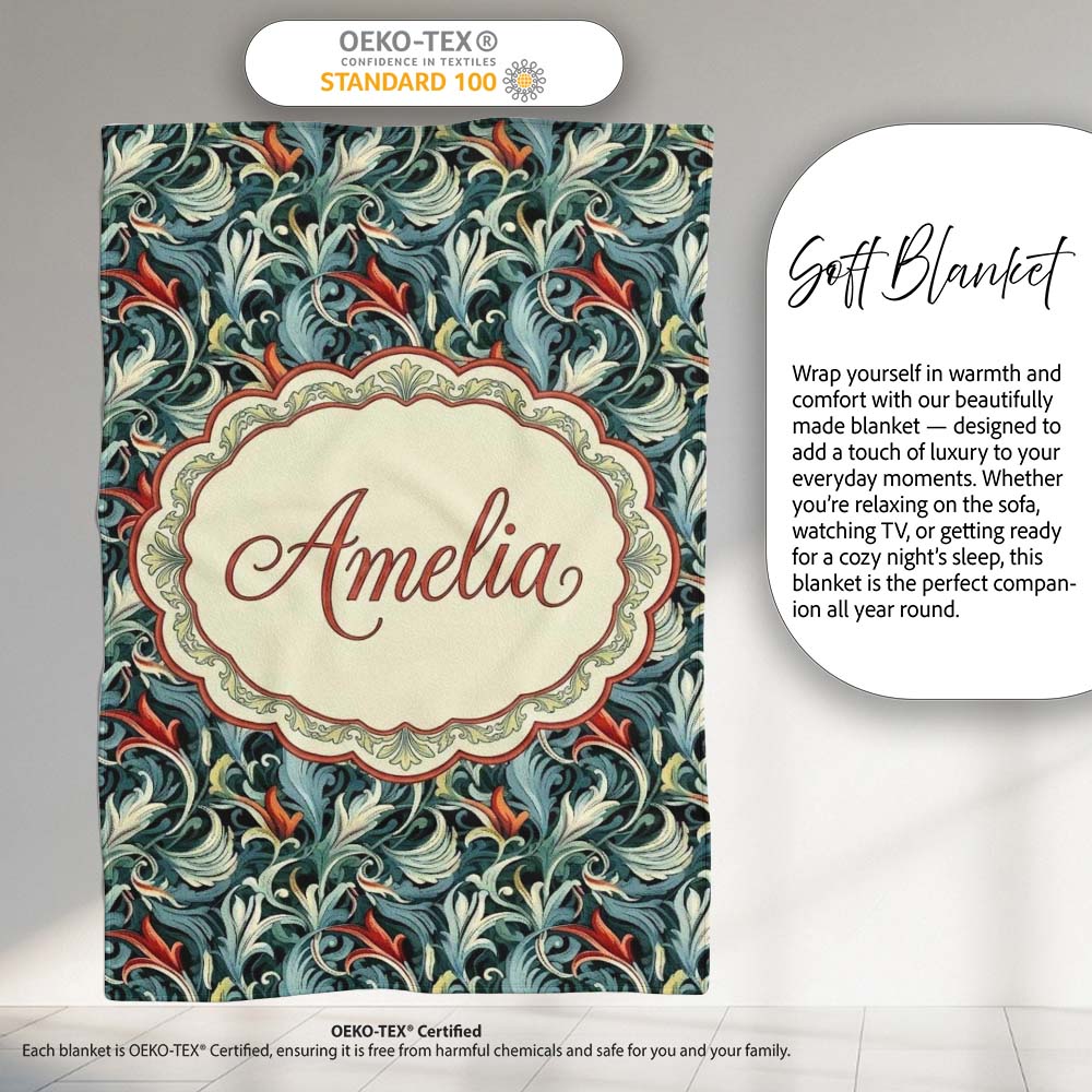 Elegant Vintage Floral Blue Cream Ornate Seamless Pattern Custom  Personalised Custom Name Super Soft Fleece Blanket Bed Sofa Throw
