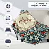 Elegant Vintage Floral Blue Cream Ornate Seamless Pattern Custom  Personalised Custom Name Super Soft Fleece Blanket Bed Sofa Throw