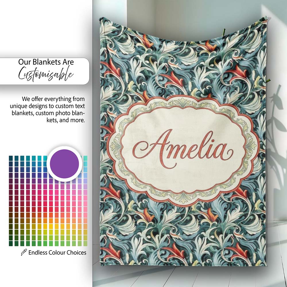Elegant Vintage Floral Blue Cream Ornate Seamless Pattern Custom  Personalised Custom Name Super Soft Fleece Blanket Bed Sofa Throw