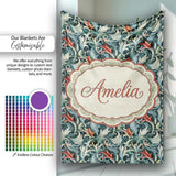 Elegant Vintage Floral Blue Cream Ornate Seamless Pattern Custom  Personalised Custom Name Super Soft Fleece Blanket Bed Sofa Throw