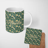 Personalized Custom Name Elegant Vintage Floral Gold Teal Luxury Seamless Pattern Name Cute 11oz Ceramic Coffee Tea Mug White Large Handle