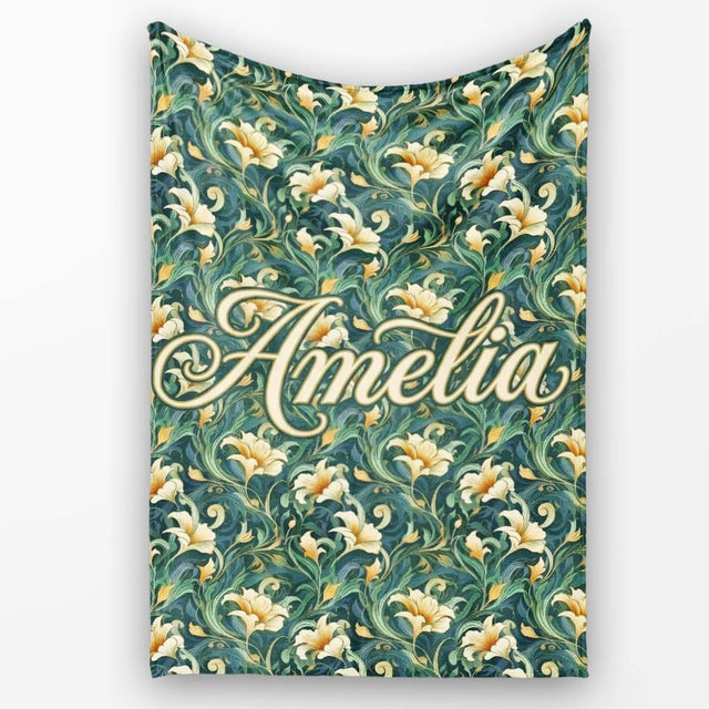 Elegant Vintage Floral Gold Teal Luxury Seamless Pattern Name Cute  Personalised Custom Name Super Soft Fleece Blanket Bed Sofa Throw