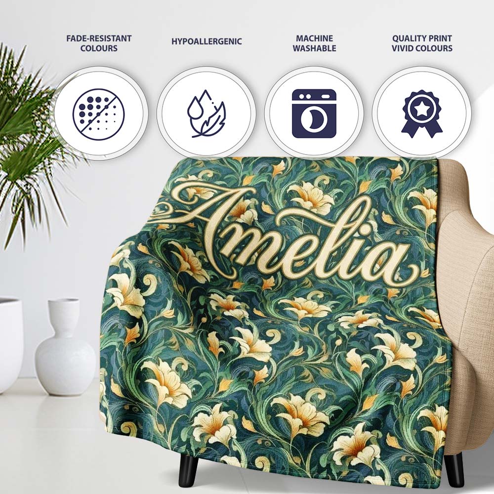 Elegant Vintage Floral Gold Teal Luxury Seamless Pattern Name Cute  Personalised Custom Name Super Soft Fleece Blanket Bed Sofa Throw