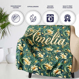 Elegant Vintage Floral Gold Teal Luxury Seamless Pattern Name Cute  Personalised Custom Name Super Soft Fleece Blanket Bed Sofa Throw