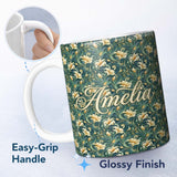 Personalized Custom Name Elegant Vintage Floral Gold Teal Luxury Seamless Pattern Name Cute 11oz Ceramic Coffee Tea Mug White Large Handle