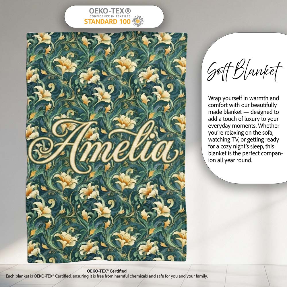 Elegant Vintage Floral Gold Teal Luxury Seamless Pattern Name Cute  Personalised Custom Name Super Soft Fleece Blanket Bed Sofa Throw