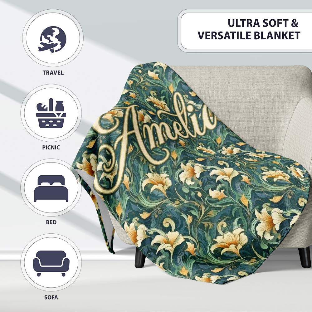 Elegant Vintage Floral Gold Teal Luxury Seamless Pattern Name Cute  Personalised Custom Name Super Soft Fleece Blanket Bed Sofa Throw