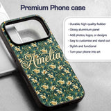 Elegant Vintage Floral Gold Teal Luxury Seamless Custom Name Protective Phone Case Mobile Cover Durable Everyday Smartphone Shock Resistant