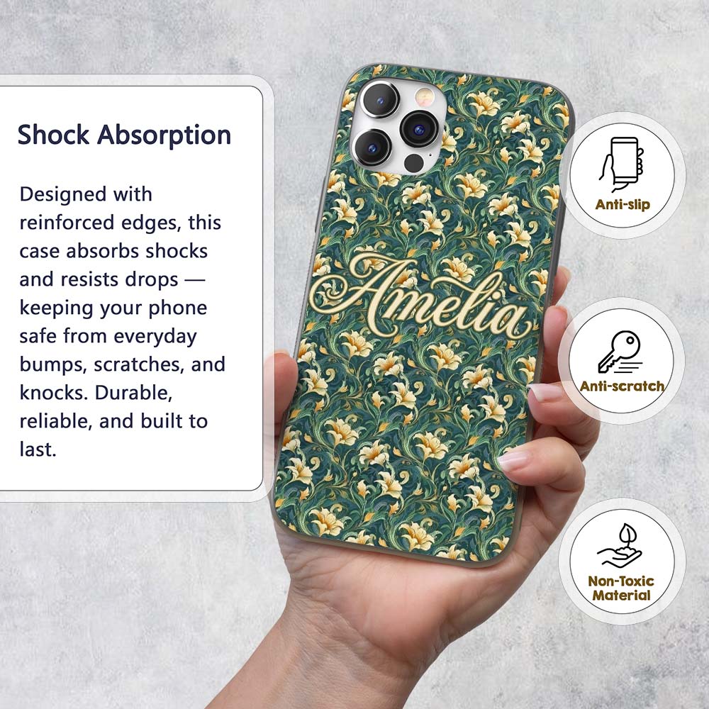Elegant Vintage Floral Gold Teal Luxury Seamless Custom Name Protective Phone Case Mobile Cover Durable Everyday Smartphone Shock Resistant