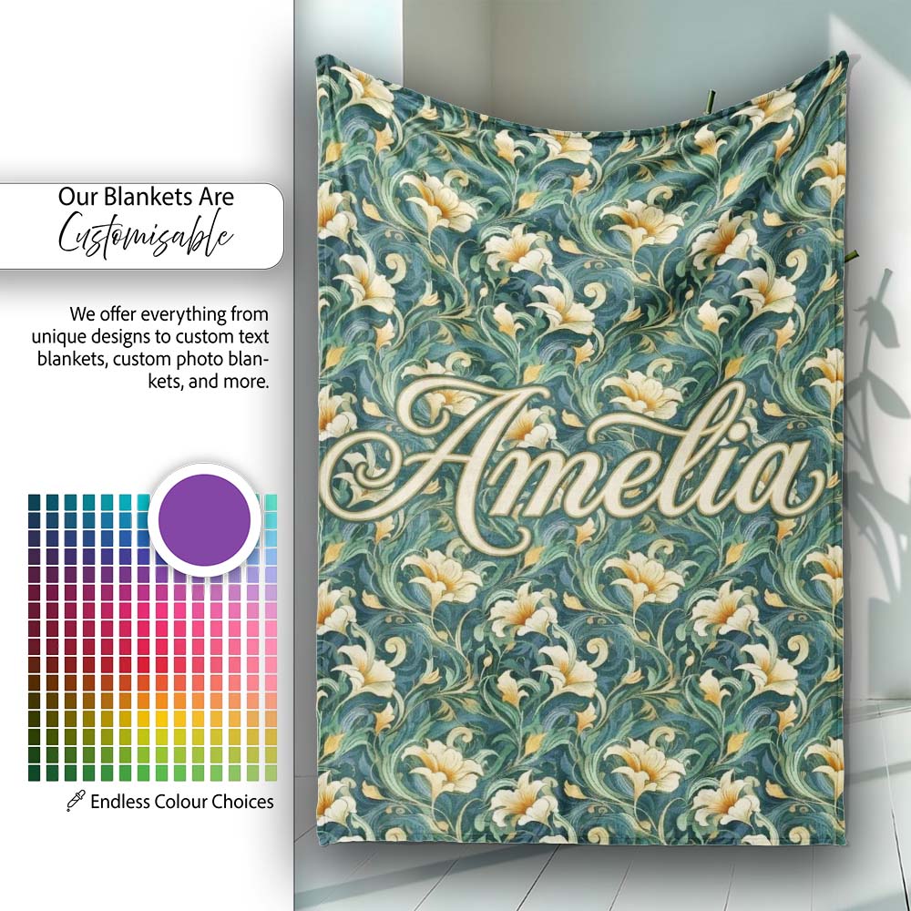Elegant Vintage Floral Gold Teal Luxury Seamless Pattern Name Cute  Personalised Custom Name Super Soft Fleece Blanket Bed Sofa Throw