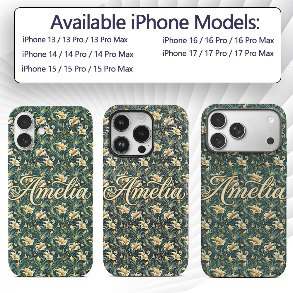 Elegant Vintage Floral Gold Teal Luxury Seamless Custom Name Protective Phone Case Mobile Cover Durable Everyday Smartphone Shock Resistant