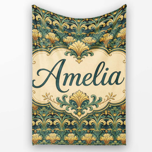 Elegant Vintage Floral Classic Green Gold Seamless Pattern Name Cute  Personalised Custom Name Super Soft Fleece Blanket Bed Sofa Throw