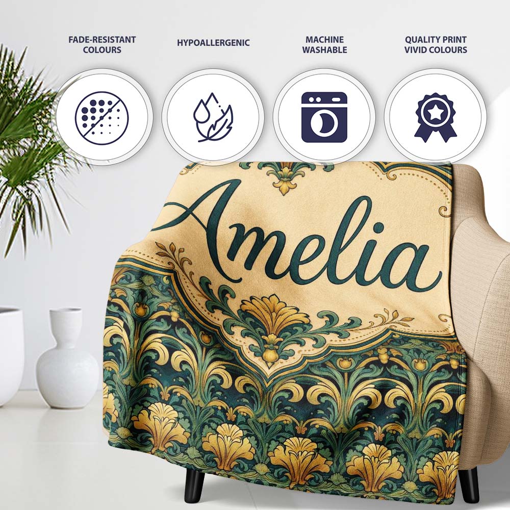 Elegant Vintage Floral Classic Green Gold Seamless Pattern Name Cute  Personalised Custom Name Super Soft Fleece Blanket Bed Sofa Throw
