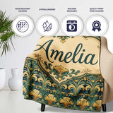 Elegant Vintage Floral Classic Green Gold Seamless Pattern Name Cute  Personalised Custom Name Super Soft Fleece Blanket Bed Sofa Throw