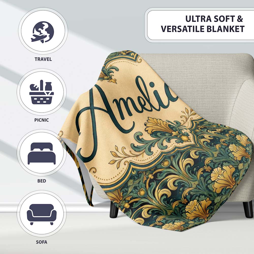 Elegant Vintage Floral Classic Green Gold Seamless Pattern Name Cute  Personalised Custom Name Super Soft Fleece Blanket Bed Sofa Throw