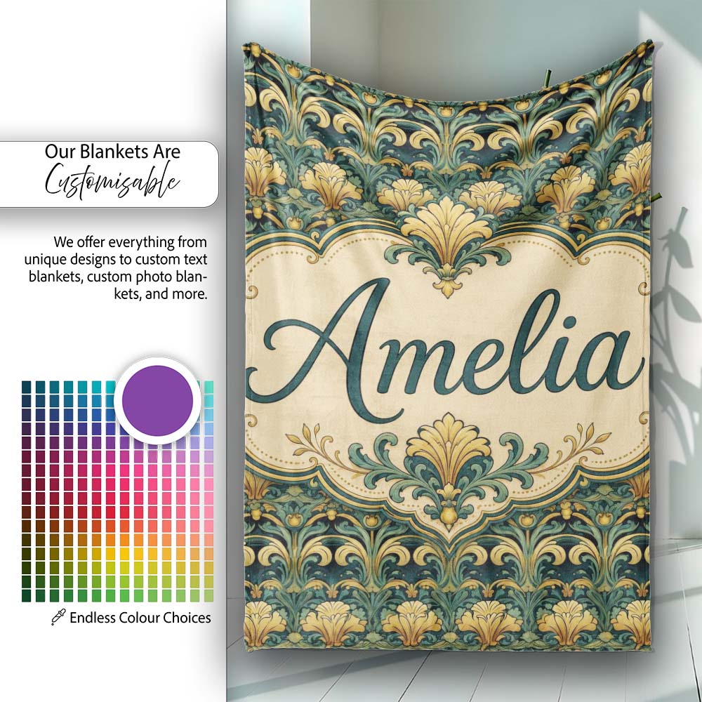 Elegant Vintage Floral Classic Green Gold Seamless Pattern Name Cute  Personalised Custom Name Super Soft Fleece Blanket Bed Sofa Throw