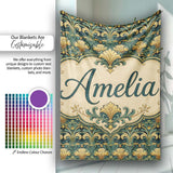 Elegant Vintage Floral Classic Green Gold Seamless Pattern Name Cute  Personalised Custom Name Super Soft Fleece Blanket Bed Sofa Throw
