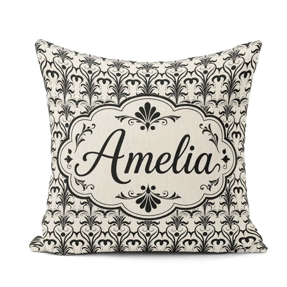 Custom Name Elegant Black White Damask Floral Seamless Name Cute Square Filled Cushion Throw Pillow Sofa Bed Home Decor Zip Washable UK Made