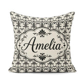 Custom Name Elegant Black White Damask Floral Seamless Name Cute Square Filled Cushion Throw Pillow Sofa Bed Home Decor Zip Washable UK Made