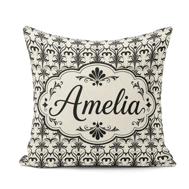 Custom Name Elegant Black White Damask Floral Seamless Name Cute Square Filled Cushion Throw Pillow Sofa Bed Home Decor Zip Washable UK Made