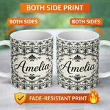 Personalized Custom Name Elegant Black White Damask Floral Seamless Pattern Name Cute Unique 11oz Ceramic Coffee Tea Mug White Large Handle