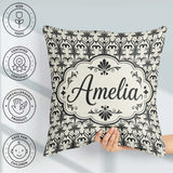 Custom Name Elegant Black White Damask Floral Seamless Name Cute Square Filled Cushion Throw Pillow Sofa Bed Home Decor Zip Washable UK Made