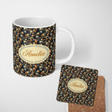 Personalized Custom Name Elegant Orange Gold Floral Vine Dark Background Seamless Pattern 11oz Ceramic Coffee Tea Mug White Large Handle