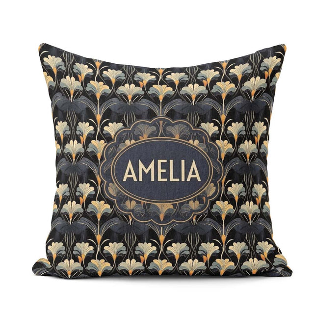 Custom Name Art Deco Fan Floral Blue Gold Seamless Pattern Name Square Filled Cushion Throw Pillow Sofa Bed Home Decor Zip Washable UK Made