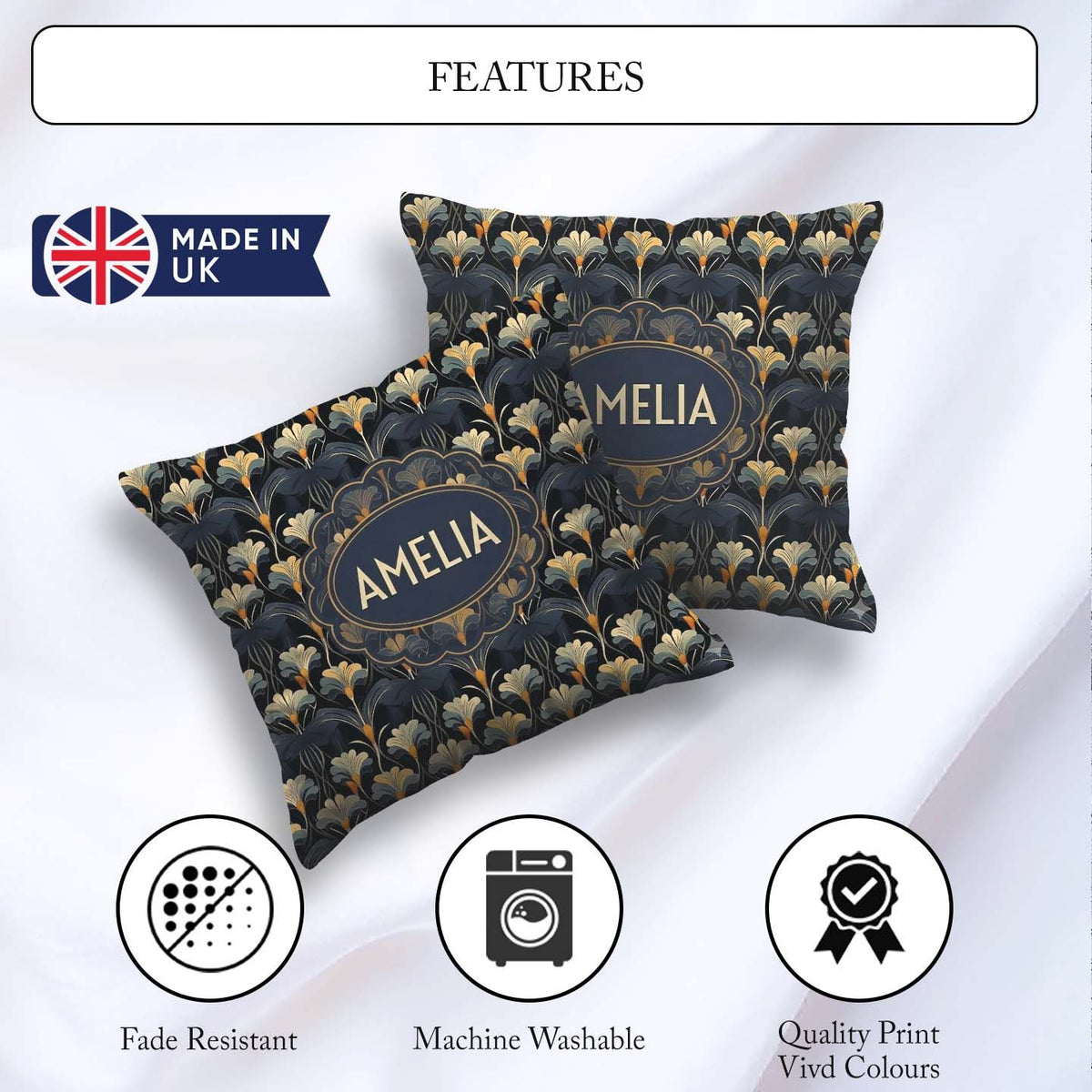 Custom Name Art Deco Fan Floral Blue Gold Seamless Pattern Name Square Filled Cushion Throw Pillow Sofa Bed Home Decor Zip Washable UK Made