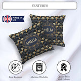 Custom Name Art Deco Fan Floral Blue Gold Seamless Pattern Name Square Filled Cushion Throw Pillow Sofa Bed Home Decor Zip Washable UK Made