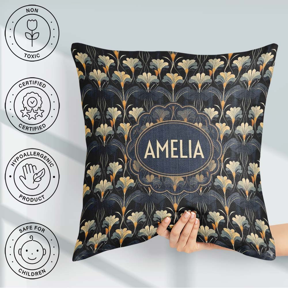 Custom Name Art Deco Fan Floral Blue Gold Seamless Pattern Name Square Filled Cushion Throw Pillow Sofa Bed Home Decor Zip Washable UK Made