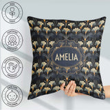 Custom Name Art Deco Fan Floral Blue Gold Seamless Pattern Name Square Filled Cushion Throw Pillow Sofa Bed Home Decor Zip Washable UK Made