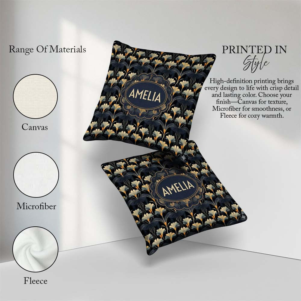 Custom Name Art Deco Fan Floral Blue Gold Seamless Pattern Name Square Filled Cushion Throw Pillow Sofa Bed Home Decor Zip Washable UK Made