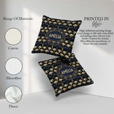 Custom Name Art Deco Fan Floral Blue Gold Seamless Pattern Name Square Filled Cushion Throw Pillow Sofa Bed Home Decor Zip Washable UK Made