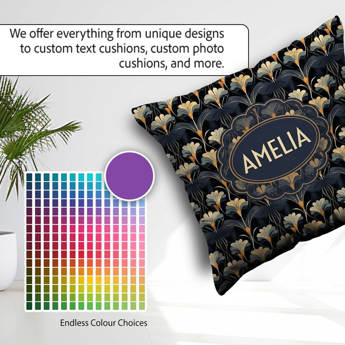 Custom Name Art Deco Fan Floral Blue Gold Seamless Pattern Name Square Filled Cushion Throw Pillow Sofa Bed Home Decor Zip Washable UK Made