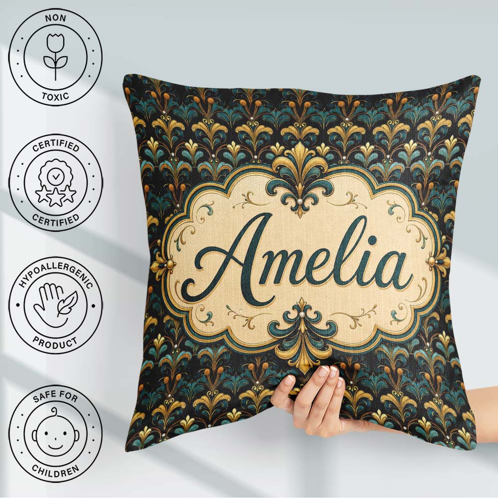 Custom Name Luxury Teal Gold Ornate Damask Seamless Pattern Name Square Filled Cushion Throw Pillow Sofa Bed Home Decor Zip Washable UK Made