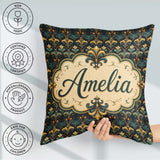 Custom Name Luxury Teal Gold Ornate Damask Seamless Pattern Name Square Filled Cushion Throw Pillow Sofa Bed Home Decor Zip Washable UK Made