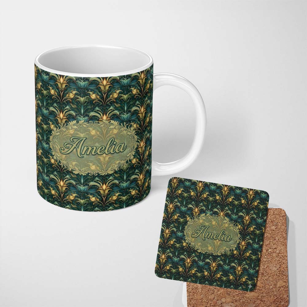 Personalized Custom Name Art Nouveau Teal Gold Botanical Seamless Pattern Name Cute Unique 11oz Ceramic Coffee Tea Mug White Large Handle